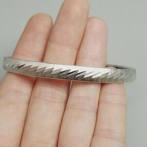 Vintage Monet Silver Tone Round Bangle Bracelet, Diagonal Etched Design, Signed